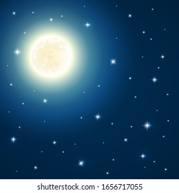 Vector night background with full moon and shining stars on dark blue sky
