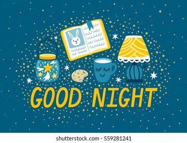 Vector Night Background With Milk, Cookies, Lamp, Book And Mason Jar With Stars. Magic Card With Cute Hand Drawn Elements.