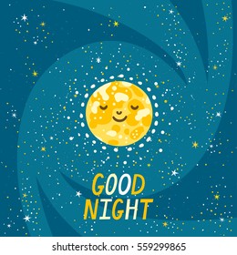 Vector night background with moon, stars and hand written text "Good night". Magic card with cute cartoon character. Sweet dreams concept.