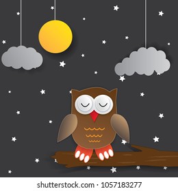 Vector night background with owl, moon and stars.