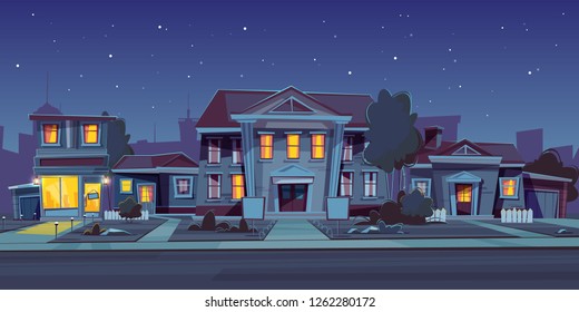 Vector Night Background With Rental Of House, Estate. Cartoon Illustration Of Cottage Rent, Sell. Facade Of A Private Building With An Empty Plate. Exterior With Urban Construction, Sidewalk And Road