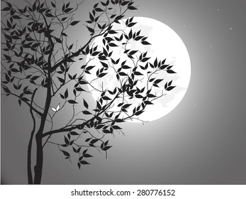 Vector night background with tree branches and the moon