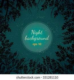 Vector night background with tree branches and stars.