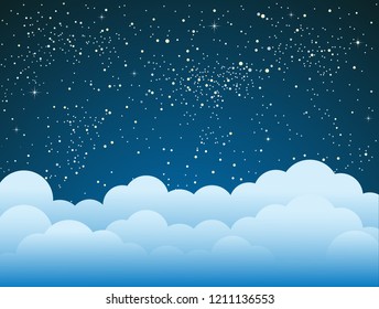 Vector night bright starry sky and moon. White shine stars on the clouds background, banner, backdrop. Cloudy weather for travel. Good night and conceptual idea. 