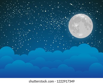 Vector night bright starry sky and moon. White shine stars on the clouds background, banner, backdrop. Cloudy weather for travel. Good night and conceptual idea. 