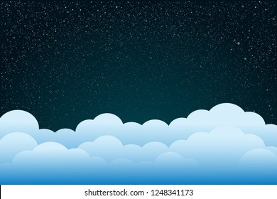 Vector night bright starry sky and moon. White shine stars on the clouds background, banner, backdrop. Cloudy weather for travel. Good night and conceptual idea. 