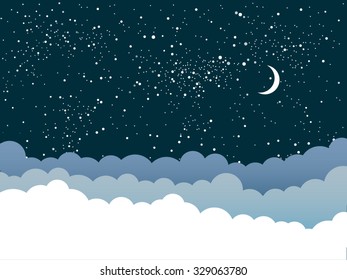 Vector night bright starry sky and moon. White shine stars on the clouds background, banner, backdrop. Cloudy weather for travel. Good night and conceptual idea. 