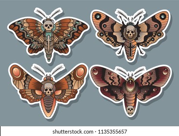 Vector Night Butterfly Moth Traditional Tattoo Design Set