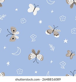 Vector night butterfly seamless pattern. Butterflies, doodle flowers and stars on light blue background. Stylish kids fabric design or nursery wallpaper.