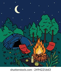 Vector Noche Camping Poster, tienda de campaña, chimenea y Elementos de senderismo. Publicidad itinerante, viaje a la naturaleza, supervivencia en la selva, turismo y picnic, cartel, Anuncio de viaje, estilo de dibujos animados.