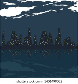 vector night city by the ocean illustration