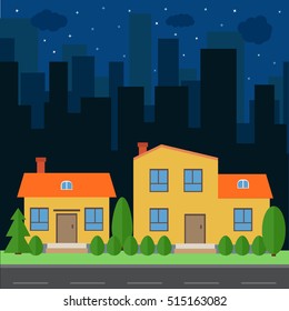 Vector night city with cartoon houses and buildings. City space with road on flat style background concept. Summer urban landscape. Street view with cityscape