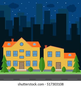 Vector night city with cartoon houses and buildings. City space with road on flat style background concept. Summer urban landscape. Street view with cityscape on a background
