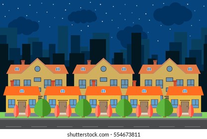Vector night city with cartoon houses and buildings. City space with road on flat style background concept. Summer urban landscape. Street view with cityscape on a background
