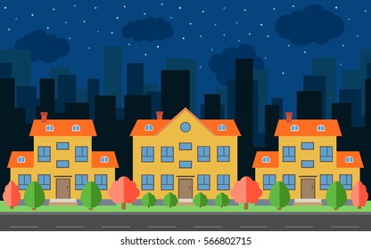 Vector night city with cartoon houses and buildings. City space with road on flat style background concept. Summer urban landscape. Street view with cityscape on a background
