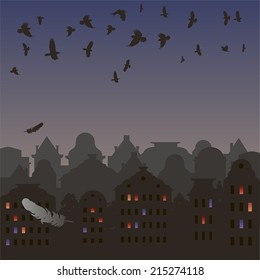 Vector night city with dark houses, glowing windows with black birds and feathers