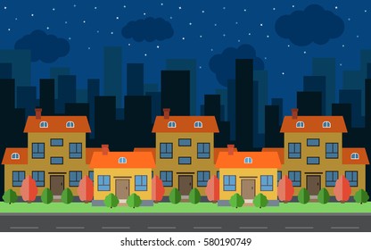 Vector night city with five cartoon houses and buildings. City space with road on flat style background concept. Summer urban landscape. Street view with cityscape on a background