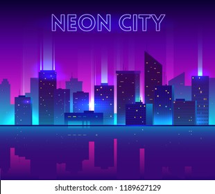 Vector night city illustration with neon glow, vivid colors and reflection.