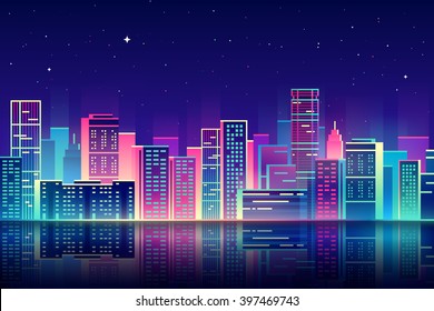 Vector night city illustration with neon glow and vivid colors.