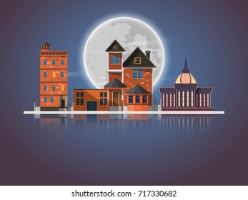 Vector night city landscape and Dark urban skyline illustrations and full moon