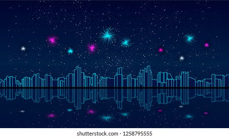 vector night city on the sea shore, modern buildings and fireworks in the starry sky. holiday cityscape illustration, colorful and festive
