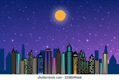 Vector night city skyscrapers with neon glow. Vector illustration