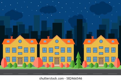 Vector night city with three cartoon houses and buildings. City space with road on flat style background concept. Summer urban landscape. Street view with cityscape on a background
