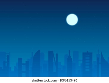 vector night city unde full moon and starry sky vector illustration. flat cityscape