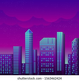 vector night city wit neon blue and pink lights,  cityscape illustration