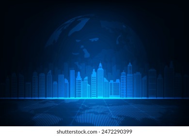 Vector noche paisaje urbano con globo. Concepto de tecnología de redes y comunicaciones de ciberciudades.