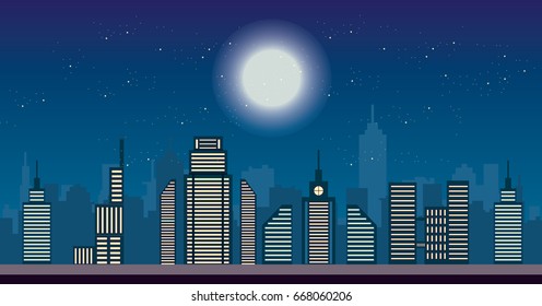 Vector night cityscape illustration
city lights and starry sky with full moon