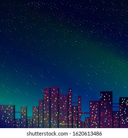 Vector night cityscape illustration, illumination and starry sky