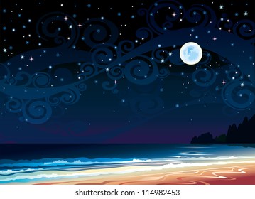 Vector night cloudy sky with full moon, beach and sea
