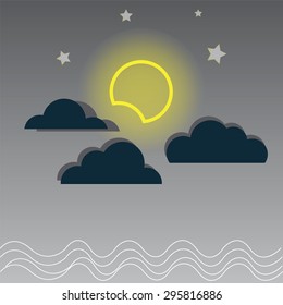 Vector night cloudy sky, yellow moon and sea.