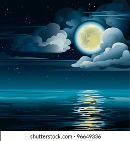 Vector night cloudy sky with yellow moon, stars and calm sea