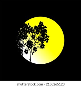 Vector night conditions showing trees in black and the moon in white and yellow gradient colors