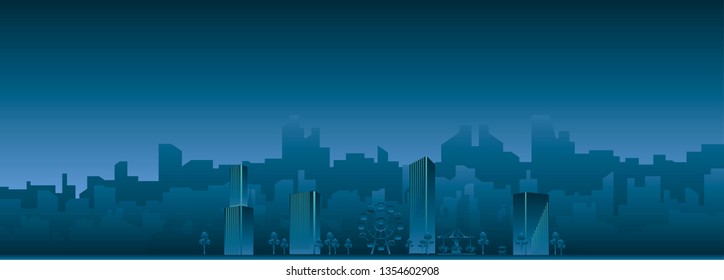 vector night dark cityscape illustration, modern buildings and amusement park