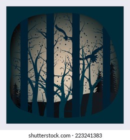 Vector night in the deep deep wood with crows