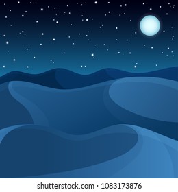 Vector night desert dunes landscape under the starry sky.