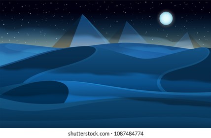 Vector night desert dunes landscape under the starry sky.