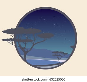 Vector night desert landscape
acacia trees, hills and starry sky, flat  nature illustration