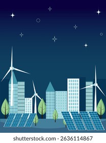 Vektornacht Öko-Stadt mit Windturbinen und Sonnenkollektoren