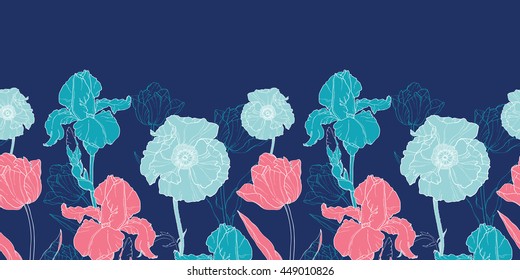 Vector Night Flowers Seamless Repeat Pattern Horizontal Border With Tulips, Poppies, Iris In Classic Retro  Style Textile Design