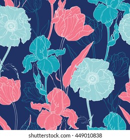 Vector Night Flowers Seamless Repeat Pattern With Tulips, Poppies, Iris In Classic Retro  Style Textile Design