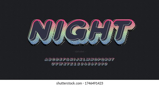 Vector night font 3d bold trendy typography colorful style for decoration, logo, party poster, t shirt, book, greeting card, sale banner, printing on fabric. Cool 3d typeface. Modern alphabet. 10 eps