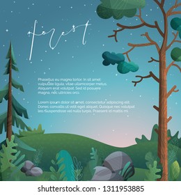 Vector night forest background. Pine, fir, stones and grass are on hills. Flat background with modern noise texture.