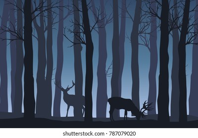 Vector Night Forest Landscape With Two Deer In Blue Tones