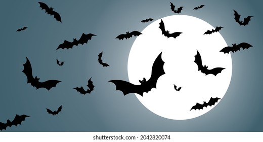 Vector. Night, full moon and bats, horizontal banner, background. Colorful scary Halloween illustration. Halloween party invitation card mockup. Happy Halloween banner design. Volumetric image.