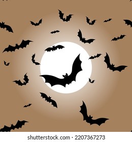 Vector. Night, full moon and bats, seamless pattern. Colorful scary Halloween illustration. Background mockup for Halloween party invitation card. Happy Halloween print. Volumetric image.