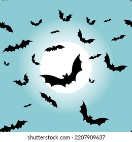 Vector. Night, full moon and bats, seamless pattern. Colorful scary Halloween illustration. Background mockup for Halloween party invitation card. Happy Halloween print. Volumetric image.